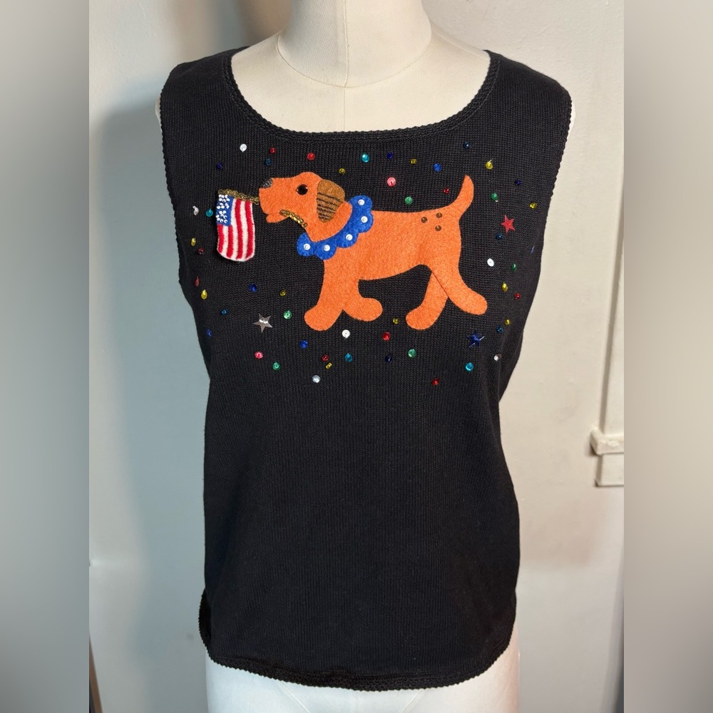 Michael Simon Vintage Patriotic Dog Sweater Vest Black-Flag Beaded Sequin NWT